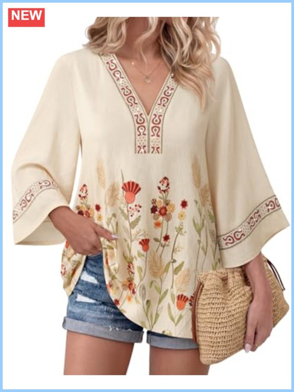 Boho Embroidered V-Neck 3/4 Bell Sleeve Tunic Top Dressy Casual
